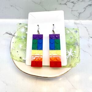 Rainbow Lego Dangle Dangly Earrings - Statement Piece - Toy-styled Earrings